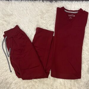 Fabletics Burgundy Jogger Set with Gray Accents